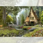 تابلو فرش چاپی منظر طرح کلبه ای در جنگل