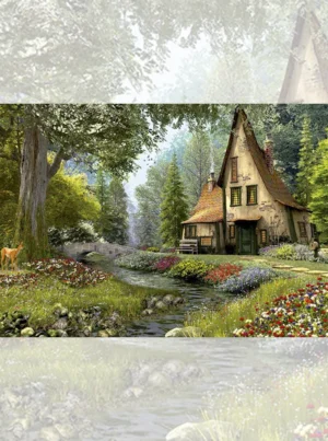 تابلو فرش چاپی منظر طرح کلبه ای در جنگل