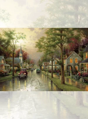 تابلو فرش چاپی منظره طرح خیابان بارانی