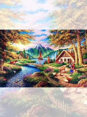 تابلو فرش چاپی زندگی دز روستای کوهستانی