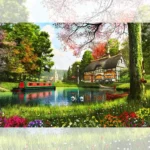 تابلو فرش چاپی طرح کلبه و برکه