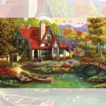 تابلو فرش چاپی طرح کلبه و رودخانه