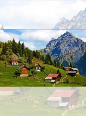 تابلو فرش چاپی طرح خانه‌های کوهستانی