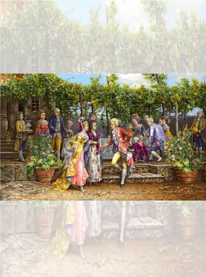 تابلو فرش ماشینی اروپایی مهمانی در باغ