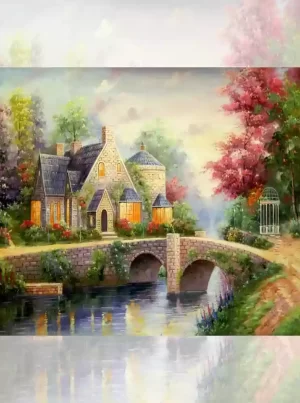 تابلو فرش ماشینی منظره کلبه و پل