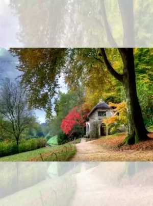 تابلو فرش ماشینی منظره کلبه بهاری