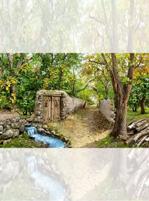 تابلو فرش ماشینی منظره کوچه باغ و چشمه