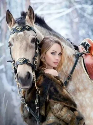 تابلو فرش ماشینی اسب و دختر اسکیمو