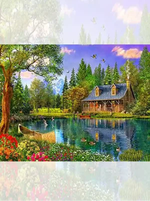 تابلو فرش ماشینی منظره بهشت کوچک با کلبه چوبی، دریاچه و گلهای رنگارنگ