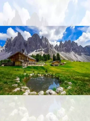 تابلو فرش ماشینی منظره برکه کوهستانی با کلبه چوبی آلپاین و قلههای سنگی | فرش برند