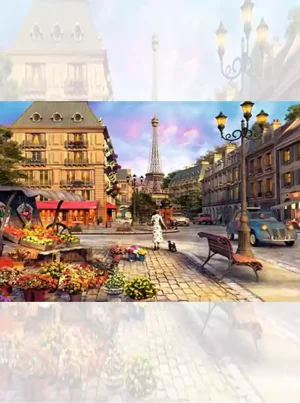 تابلو فرش ماشینی منظره پاریس زیبا با برج ایفل، خیابان سنگفرش و گلفروشی پاریسی