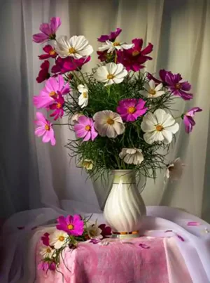 تابلو فرش ماشینی گل های صورتی و سفید در گلدان