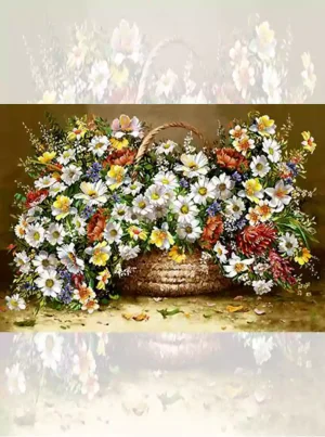 تابلو فرش ماشینی سبد گل دشتی رنگارنگ