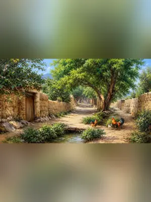 تابلو فرش چاپی منظره طرح کوچه باغ روستایی با درختان سرسبز و مرغ و خروس